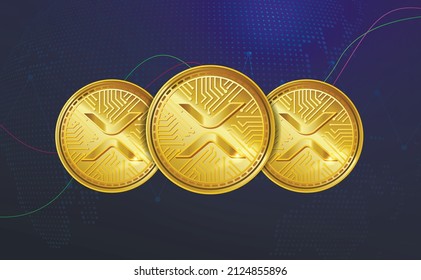 Símbolo de token XRP. Juego de monedas de criptografía realistas de oro en un fondo empresarial de cripto azul con un gráfico de subida y caída. moneda digital. monedas digitales. Forex. Cartel. Ilustración del vector