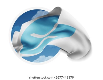 XRP, vector 3d flag against a blue sky, through a round hole on a white background