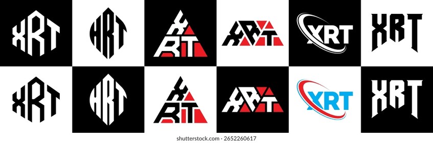 Design de logotipo de letra XRT em estilo seis. Polígono XRT, círculo, triângulo, hexágono, estilo simples e plano com logotipo de letra de variação de cor preto e branco definido em uma prancheta. XRT minimalista e logotipo clássico