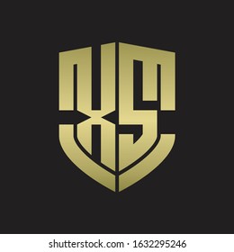 XS Logo monogram with emblem shield shape design isolated gold colors on black background