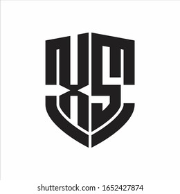Monograma del logotipo XS con diseño de forma de escudo de emblema aislado en fondo blanco