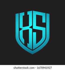 XS Logo monogram with emblem shield design isolated with blue colors on black background