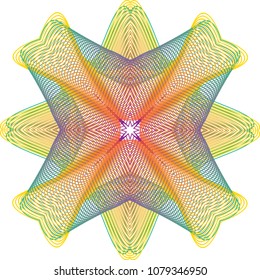 X-shaped colorful guilloche rosette with bold lines and summer color palette.