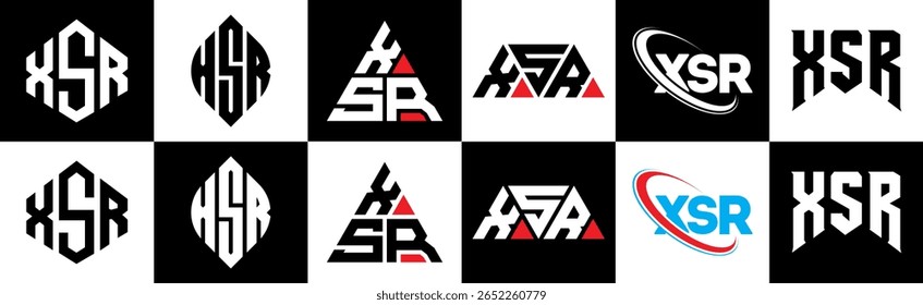 XSR letter logo design in six style. XSR polygon, circle, triangle, hexagon, flat and simple style with black and white color variation letter logo set in one artboard. XSR minimalist and classic logo