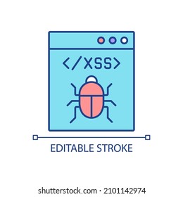 Icono de color RGB de ataque XSS. Secuencias de comandos entre sitios. Ataque de software. Inyección de código del lado cliente. Ilustración vectorial aislada. Dibujo de línea simple relleno. Trazo editable. Tipo de letra arial utilizado