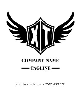 XT bold shield logo with wings, customizable with letters A to Z. Perfect for brands seeking a powerful symbol of strength, freedom, and ambition