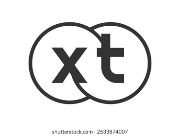 XT business company emblem with outline rounds and letters x t. Logo template of two merged circles for brand identity, logotype. Vector Infinity symbol  and technology sign.