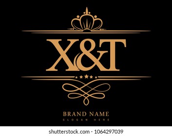 X&T Initial logo, Ampersand initial logo gold with crown and classic pattern