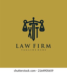 XT monograma inicial para el logo de la firma de ley con espada y escala