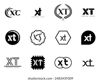 XT logo company template. Letter x and t logotype. Set different classic serif lettering and modern bold text with design elements. Initial font typography. Collection trendy business identity.