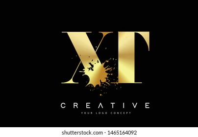 XT X T Letter Logo with Gold Melted Metal Splash Vector Design Illustration.