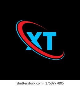 Diseño del logotipo de la letra XT X T. Letra inicial del logotipo del monograma superior del círculo enlazado XT rojo y azul. Logotipo XT, diseño X T. xt, x t