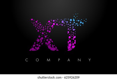 XT X T Letter Logo with Purple Blue Particles and Bubble Dots Design Vector.