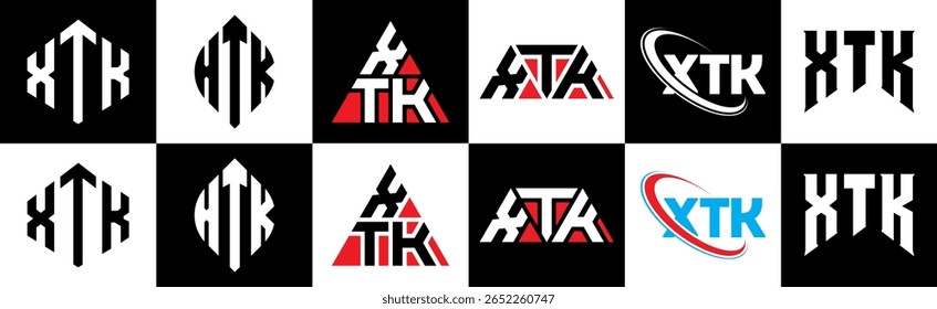 Design do logotipo da letra XTK em seis estilos. Polígono XTK, círculo, triângulo, hexágono, estilo simples e plano com logotipo de letra de variação de cor preto e branco definido em uma prancheta. Logotipo minimalista e clássico XTK