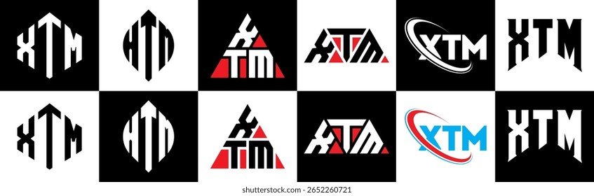 Diseño de logotipo de letra XTM en seis estilos. XTM polígono, círculo, triángulo, hexágono, estilo plano y simple con logo de letra de variación de color blanco y negro en una mesa de trabajo. Logotipo minimalista y clásico de XTM