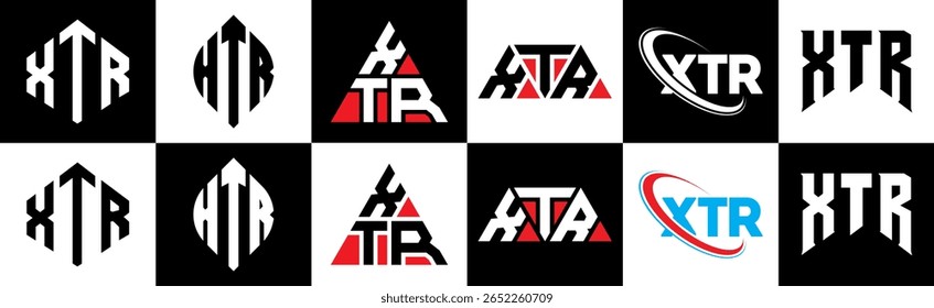 Design de logotipo de letra XTR em estilo seis. Polígono XTR, círculo, triângulo, hexágono, estilo simples e plano com o logotipo de letra de variação de cor preta e branca definido em uma prancheta. XTR minimalista e logotipo clássico