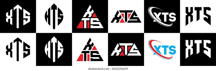 Design de logotipo de letra XTS em estilo seis. Polígono XTS, círculo, triângulo, hexágono, estilo simples e plano com logotipo de letra de variação de cor preta e branca definido em uma prancheta. Logotipo minimalista e clássico do XTS