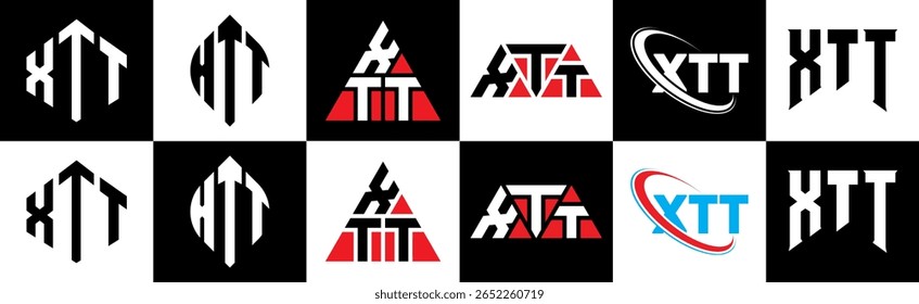 Diseño del logotipo de la letra de XTT en seis estilos. XTT polígono, círculo, triángulo, hexágono, estilo plano y simple con logo de letra de variación de color blanco y negro en una mesa de trabajo. Logotipo minimalista y clásico de XTT