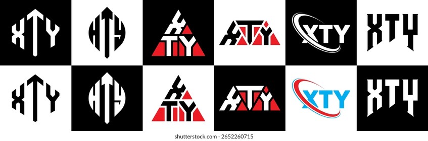 XTY Buchstaben Logo Design in sechs Stil. XTY Polygon, Kreis, Dreieck, Sechseck, flach und einfach Stil mit schwarz-weißem Farbvariationsbuchstaben Logo in einem Zeichenbrett gesetzt. XTY minimalistisches und klassisches Logo