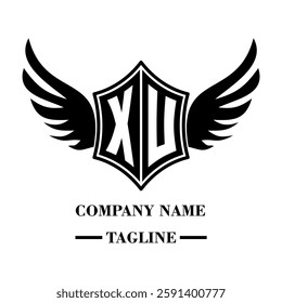 XU bold shield logo with wings, customizable with letters A to Z. Perfect for brands seeking a powerful symbol of strength, freedom, and ambition
