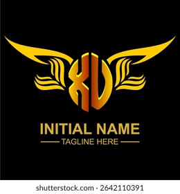 XU Golden Wing Emblem Logo with elegant gold wings, sleek and modern design. Ideal for branding, creative projects, luxury businesses, or artistic ventures.