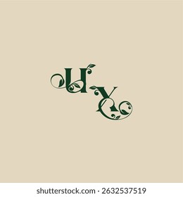 XU letter concept of elegant beautifull wedding organic logo with monogram and leaf