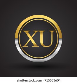 XU Letter logo in a circle, gold and silver colored. Vector design template elements for your business or company identity.