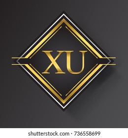 XU Letter logo in a square shape gold and silver colored geometric ornaments.