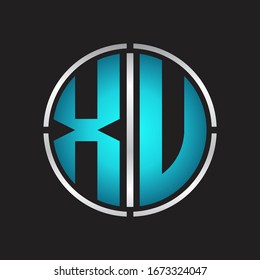 Logotipo XU inicial con plantilla de diseño de corte de línea circular en colores azules