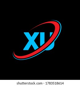 Diseño de logotipo de letras XU X U. Letra inicial XU enlazó el logotipo monograma en mayúsculas en forma de círculo rojo y azul. Logo de XU, diseño de X U. xu, x u