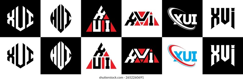 XUI letter logo design in six style. XUI polygon, circle, triangle, hexagon, flat and simple style with black and white color variation letter logo set in one artboard. XUI minimalist and classic logo