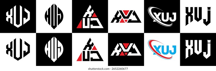 XUJ letter logo design in six style. XUJ polygon, circle, triangle, hexagon, flat and simple style with black and white color variation letter logo set in one artboard. XUJ minimalist and classic logo