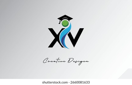 XV Creative Letter Logo mit Graduierung Cap und abstrakte Mensch - Moderne Bildung und Lernen Symbol Design	