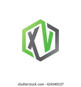 XV initial letters looping linked hexagon logo black gray green