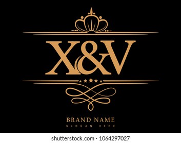 X&V Initial logo, Ampersand initial logo gold with crown and classic pattern