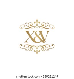X&V Initial logo. Ornament ampersand monogram golden logo