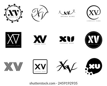 XV logo company template. Letter x and v logotype. Set different classic serif lettering and modern bold text with design elements. Initial font typography. Collection trendy business identity.