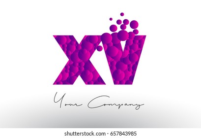 XV X V Dots Letter Logo with Purple Pink Magenta Bubbles Texture Vector.