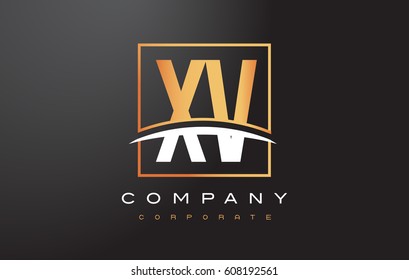 XV X V Golden Letter Logo Design with Swoosh and Rectangle Square Box Vector Design.