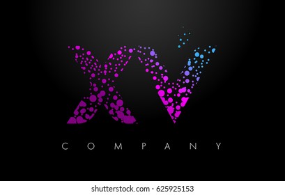 XV X V Letter Logo with Purple Blue Particles and Bubble Dots Design Vector.
