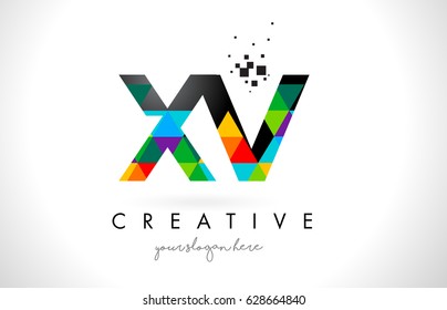 XV X V Letter Logo with Colorful Vivid Triangles Texture Design Vector Illustration.