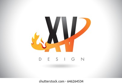 XV X V Letter Logo Design with Fire Flames and Orange Swoosh Vector Illustration.