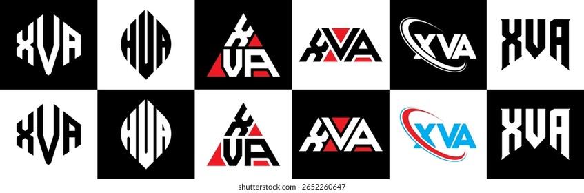 XVA letter logo design in six style. XVA polygon, circle, triangle, hexagon, flat and simple style with black and white color variation letter logo set in one artboard. XVA minimalist and classic logo