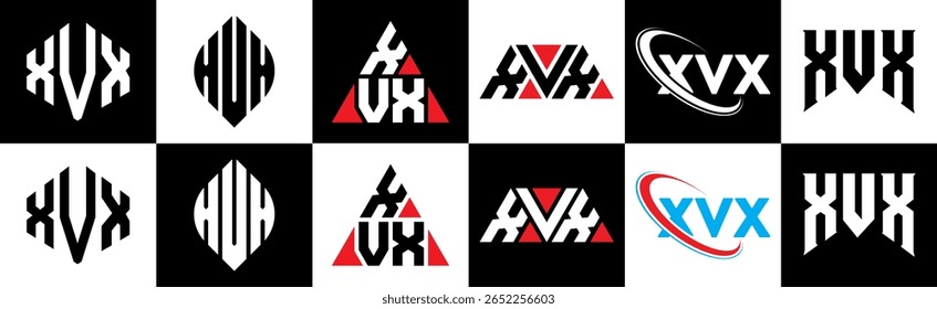 XVX letter logo design in six style. XVX polygon, circle, triangle, hexagon, flat and simple style with black and white color variation letter logo set in one artboard. XVX minimalist and classic logo