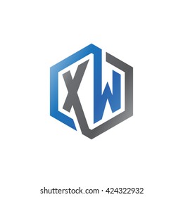 XW initial letters looping linked hexagon logo black gray blue