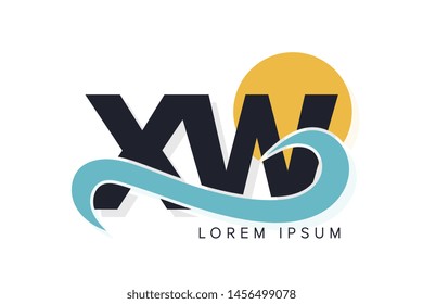 XW letter logo with ocean waves and sunset. Beach concept design