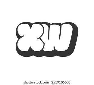 XW logo, bubble comic lettering, rounded in graffiti style black and white silhouette. Trendy preschool X and W letter text for festival party, personal initials, children funky print and web. Vector