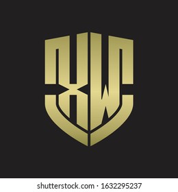 XW Logo monogram with emblem shield shape design isolated gold colors on black background