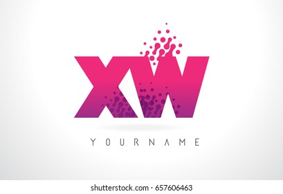 XW X W Letter Logo with Pink Letters and Purple Color Particles Dots Design.