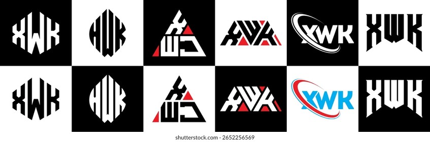 XWK letter logo design in six style. XWK polygon, circle, triangle, hexagon, flat and simple style with black and white color variation letter logo set in one artboard. XWK minimalist and classic logo